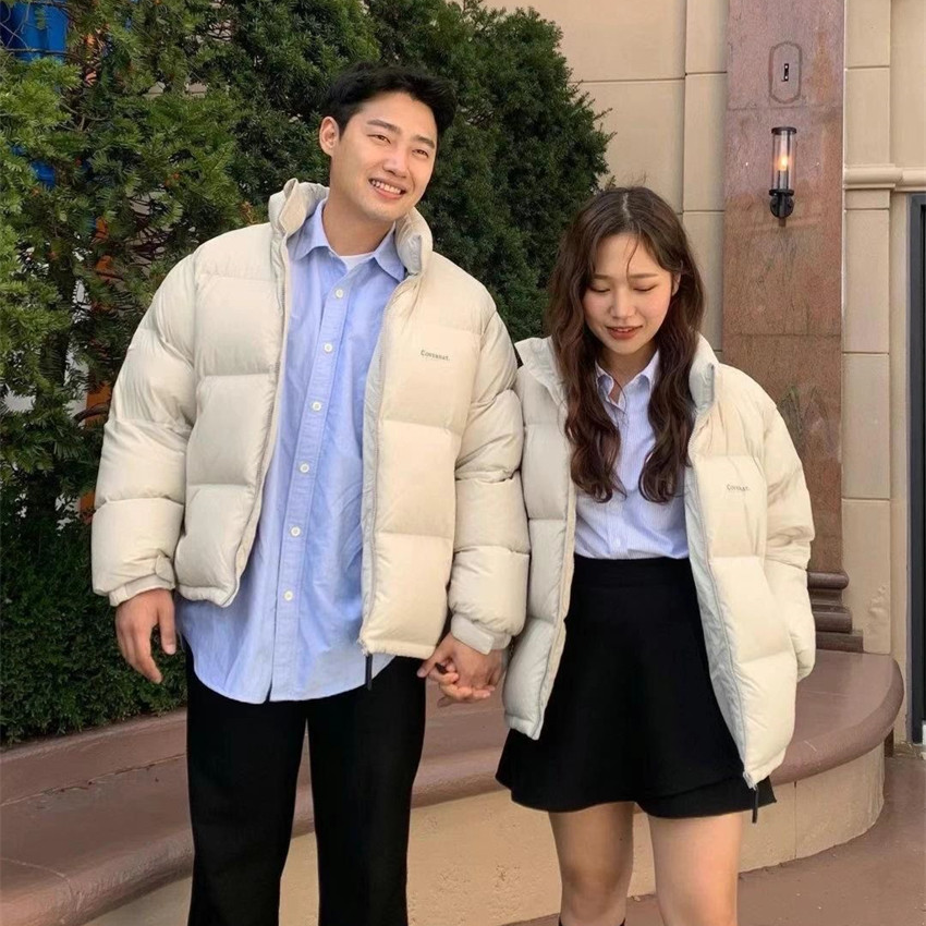 韩国羽绒服女2024新款短款情侣加厚灰色面包服冬季外套男