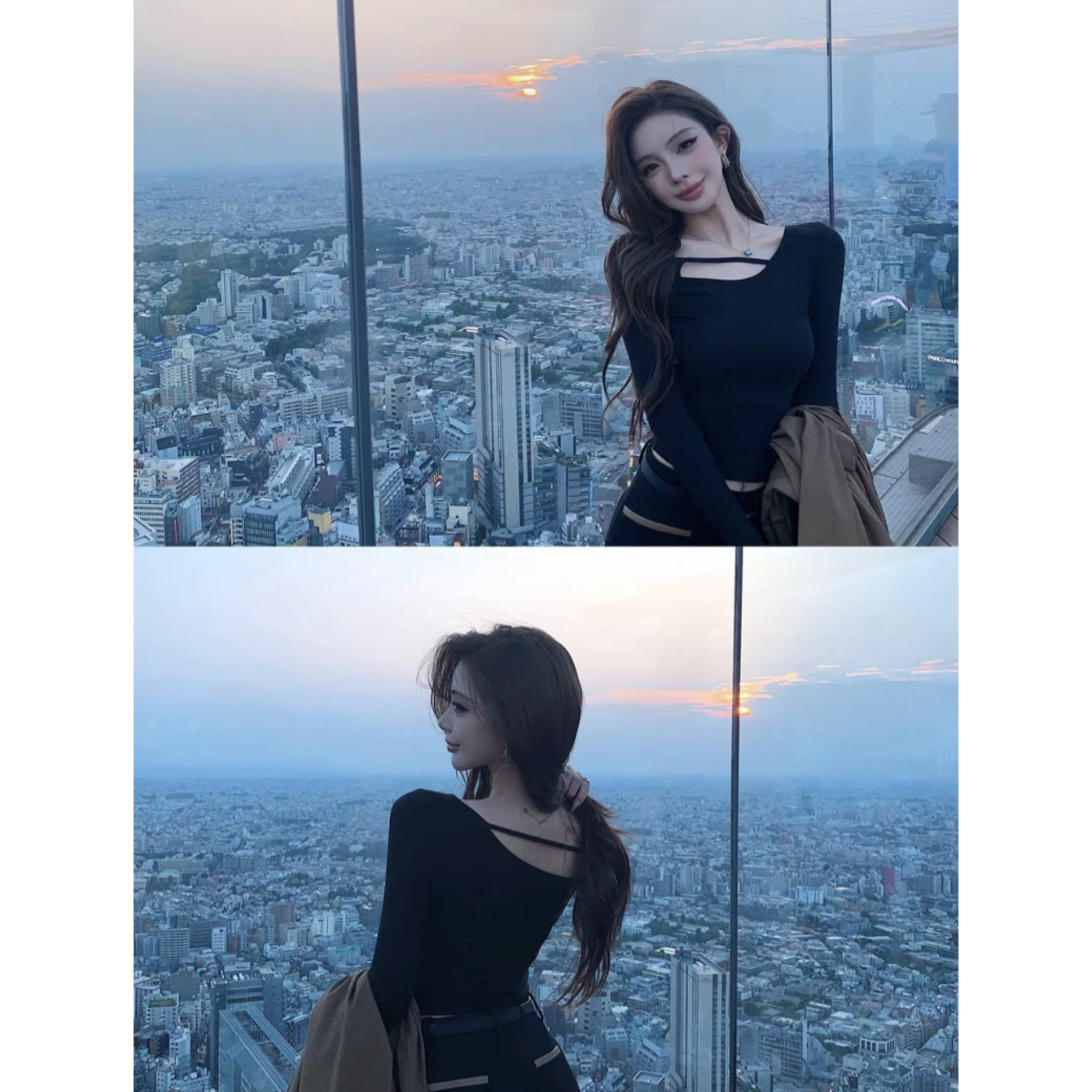 辣妹性感穿搭斜肩短款上衣两穿高级感修身显瘦长袖T恤打底衫女