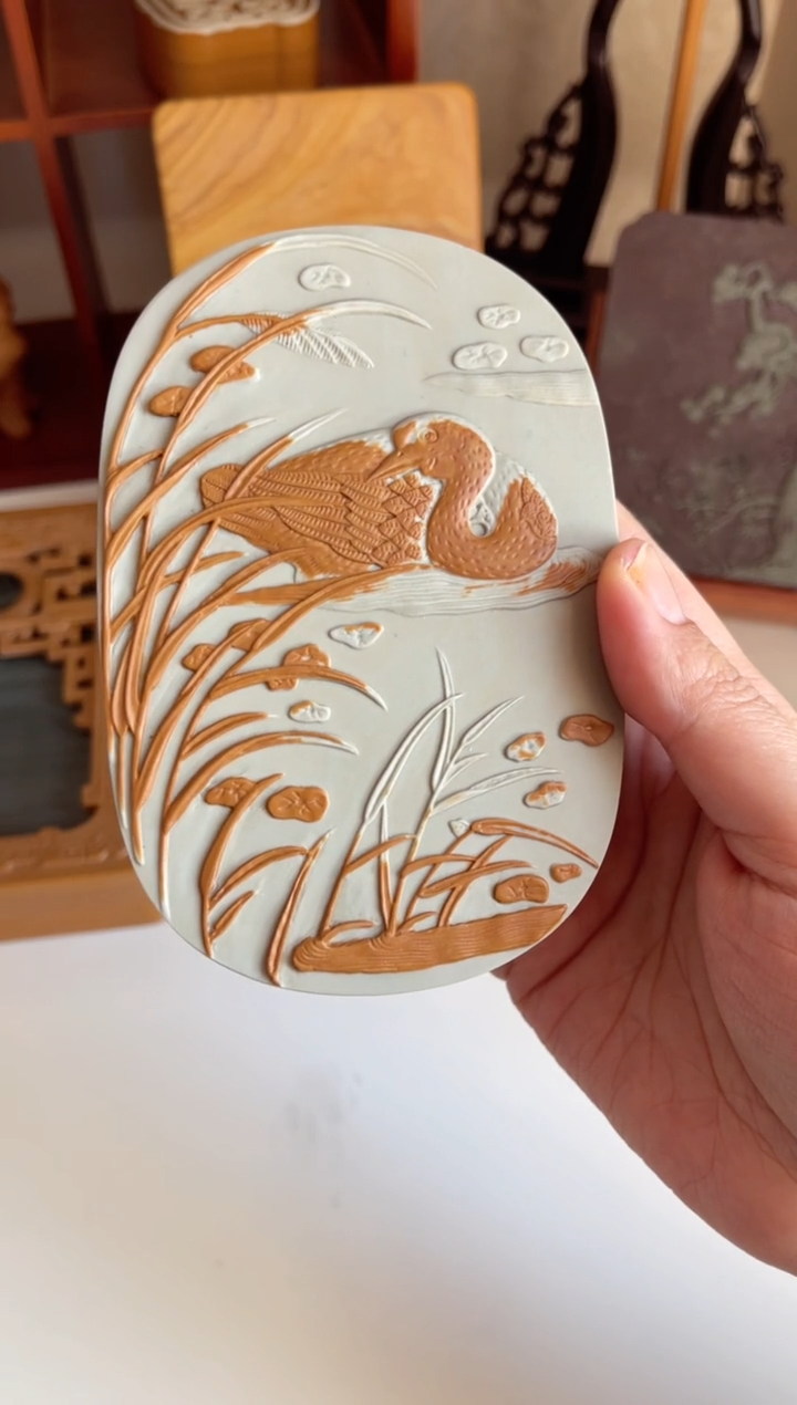 【闪购商品】松花砚手工雕刻 游鹅砚