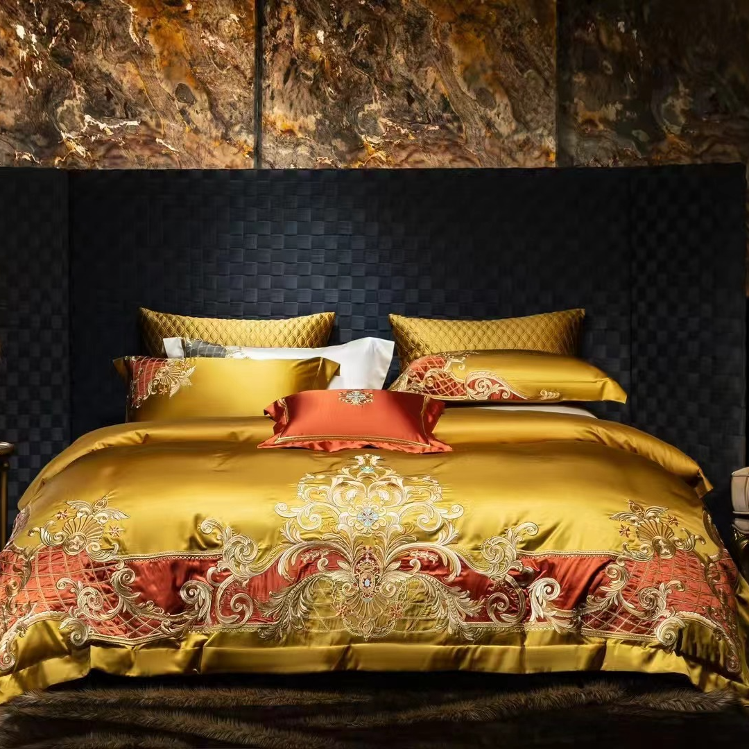 高档欧式宫廷风锦缎重磅绣花床单款床盖款四件套【辛德瑞拉-金色】