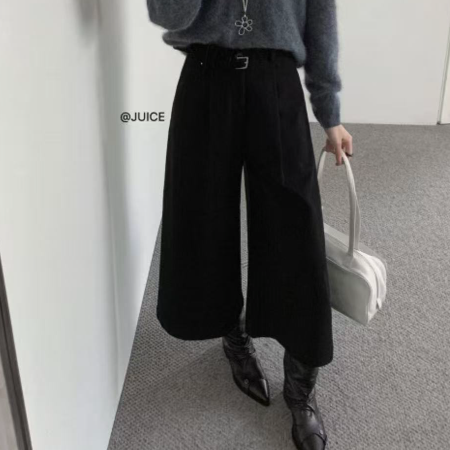 【艾萱萱】8972款韩系简约百搭显瘦毛呢八分筒阔腿裤 约80