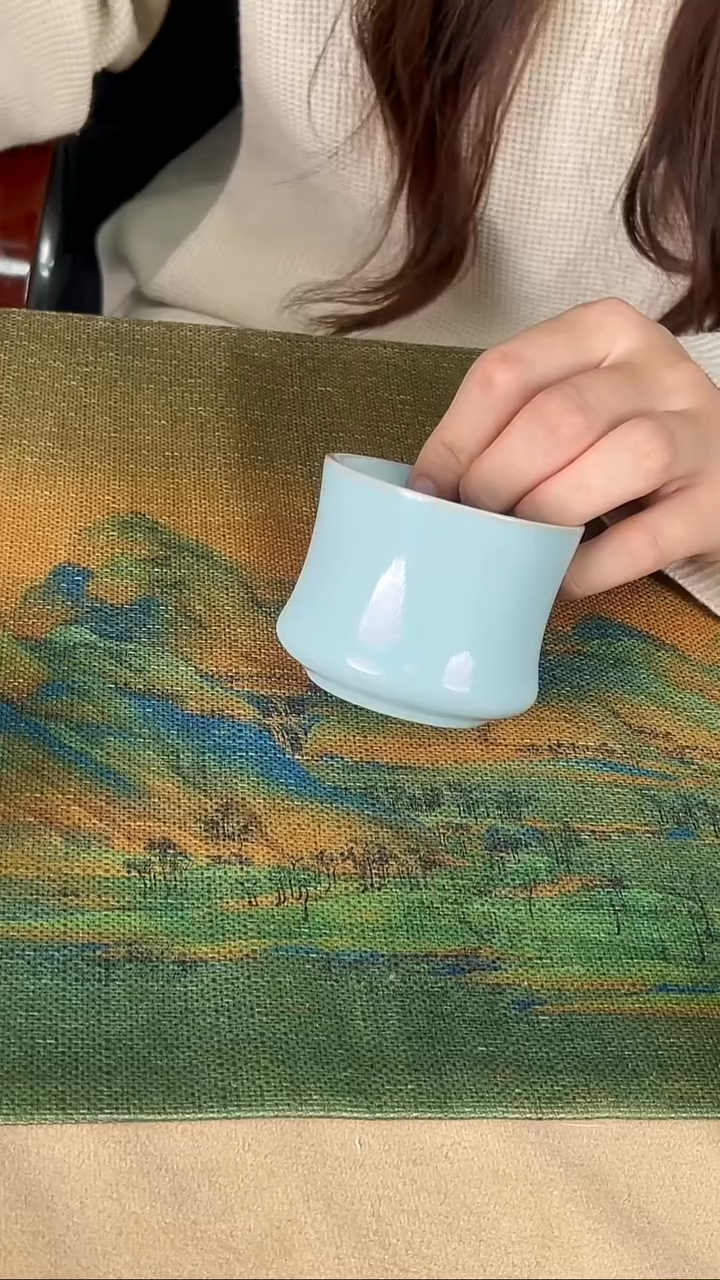 杯子瓷韩红 天青釉 束腰杯