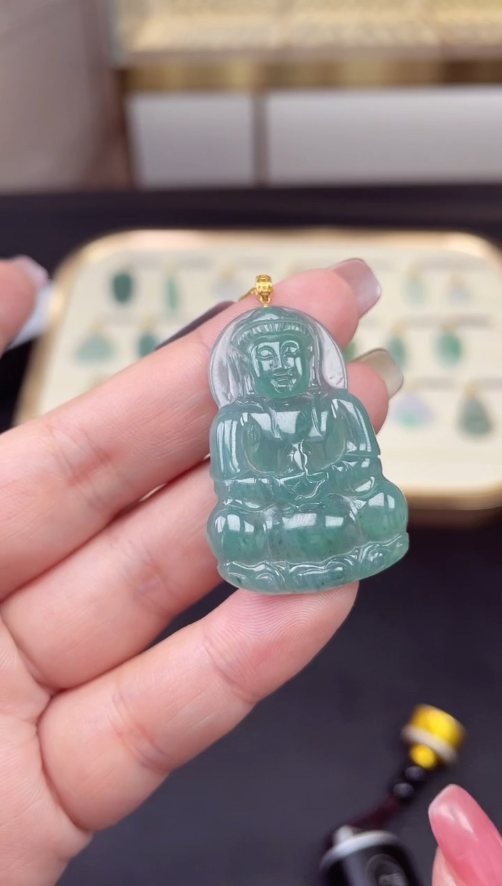 【闪购商品】翡翠挂件18K金镶嵌18K金扣观音多人@@CMT