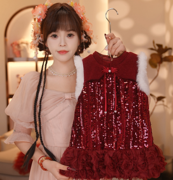 【Y.k6627】新款女童新中式重工亮片马甲裙女童新年礼服保暖背心裙
