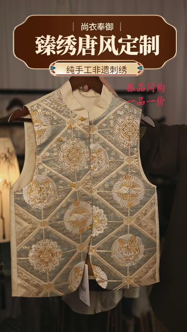 【闪购商品】织绣14斜襟金色宝相花马甲