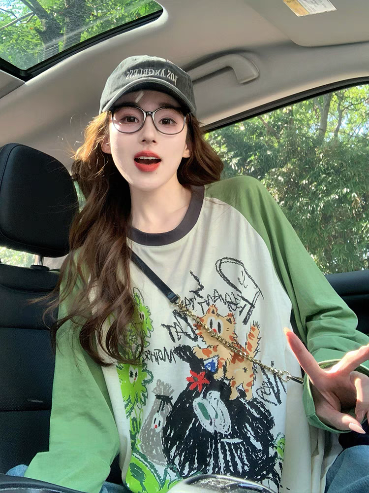 绿色撞色插肩长袖t恤女夏季新款卡通涂鸦复古慵懒罩衫宽松上衣薄