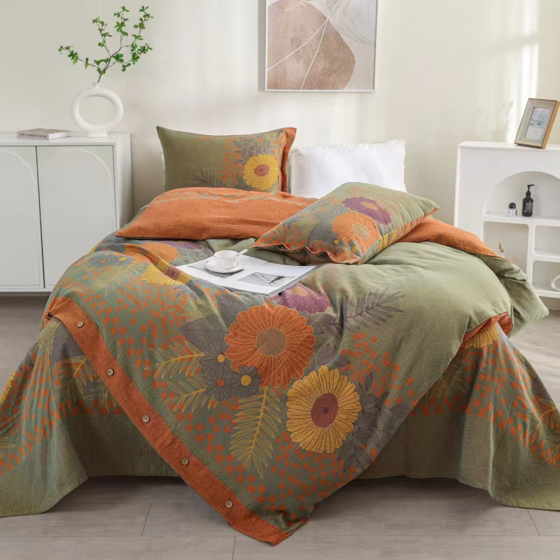 亲肤双层纱四件套--秋日暖阳（纽扣）透气多功能细纱柔软轻奢绿色