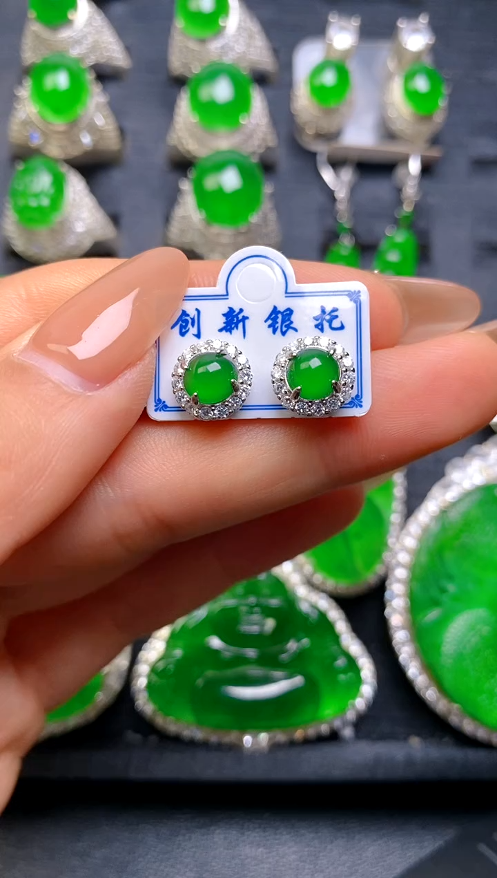 【闪购商品】翡翠耳钉银S925镶嵌蛋面耳钉