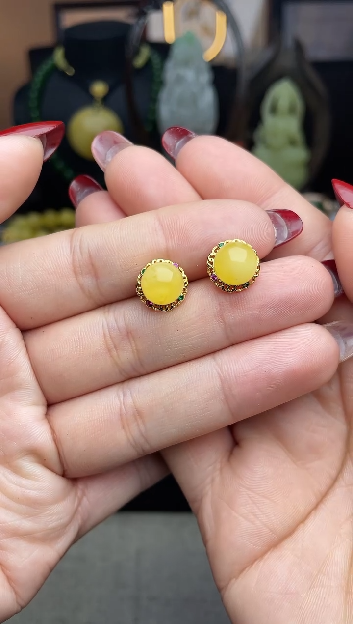 【闪购商品】琥珀耳饰银S925镶嵌耳饰sm54