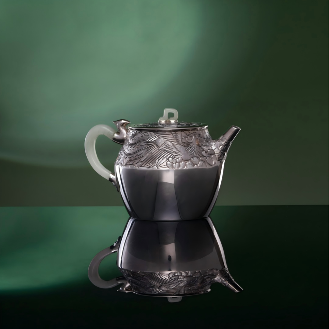 寸发标手作錾刻嵌金龙凤穿花交泰壶-茶器-茶具-壶