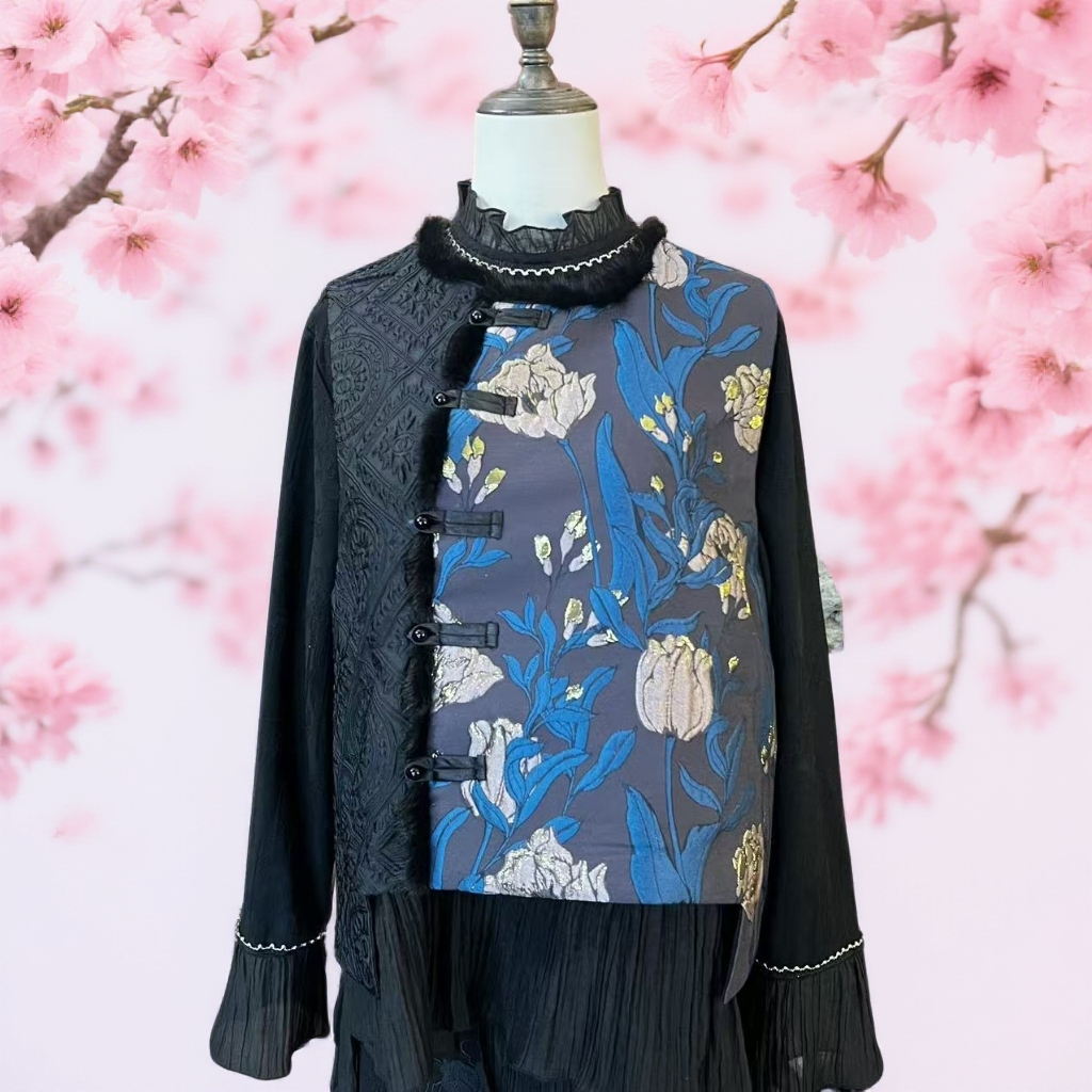 【蓝色郁金香】新中式定制显白水貂毛重工刺绣提花国风女士马甲