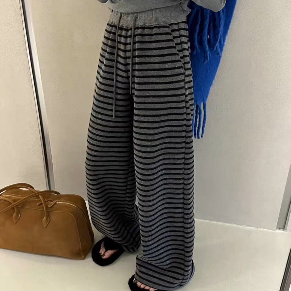 阔腿裤条纹长裤直筒裤高腰休闲裤百搭拖地风
