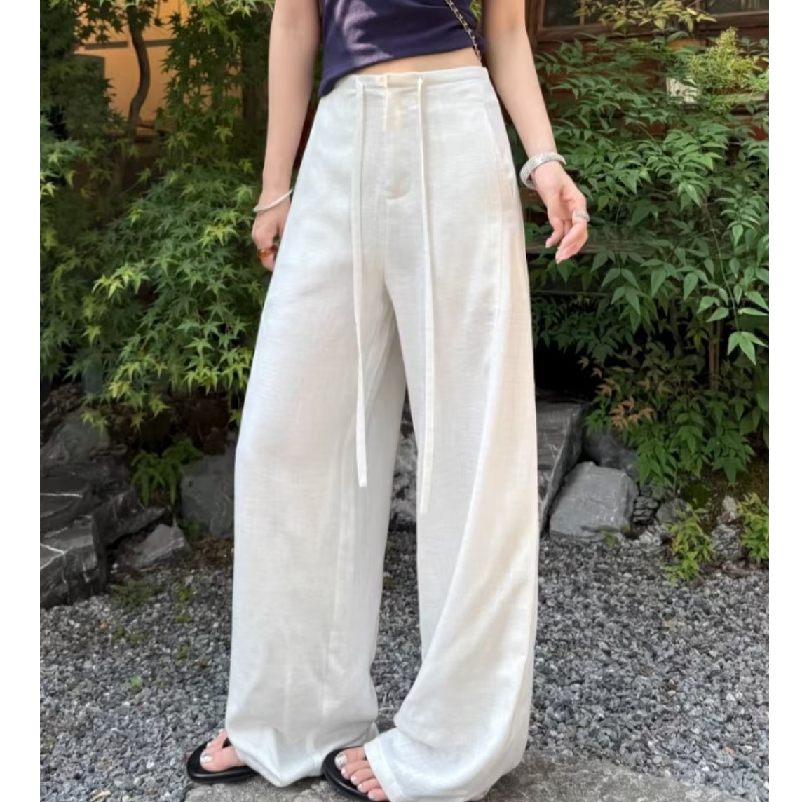 白色天丝亚麻阔腿裤女夏薄款透气休闲裤老钱垂感直筒裤显8899