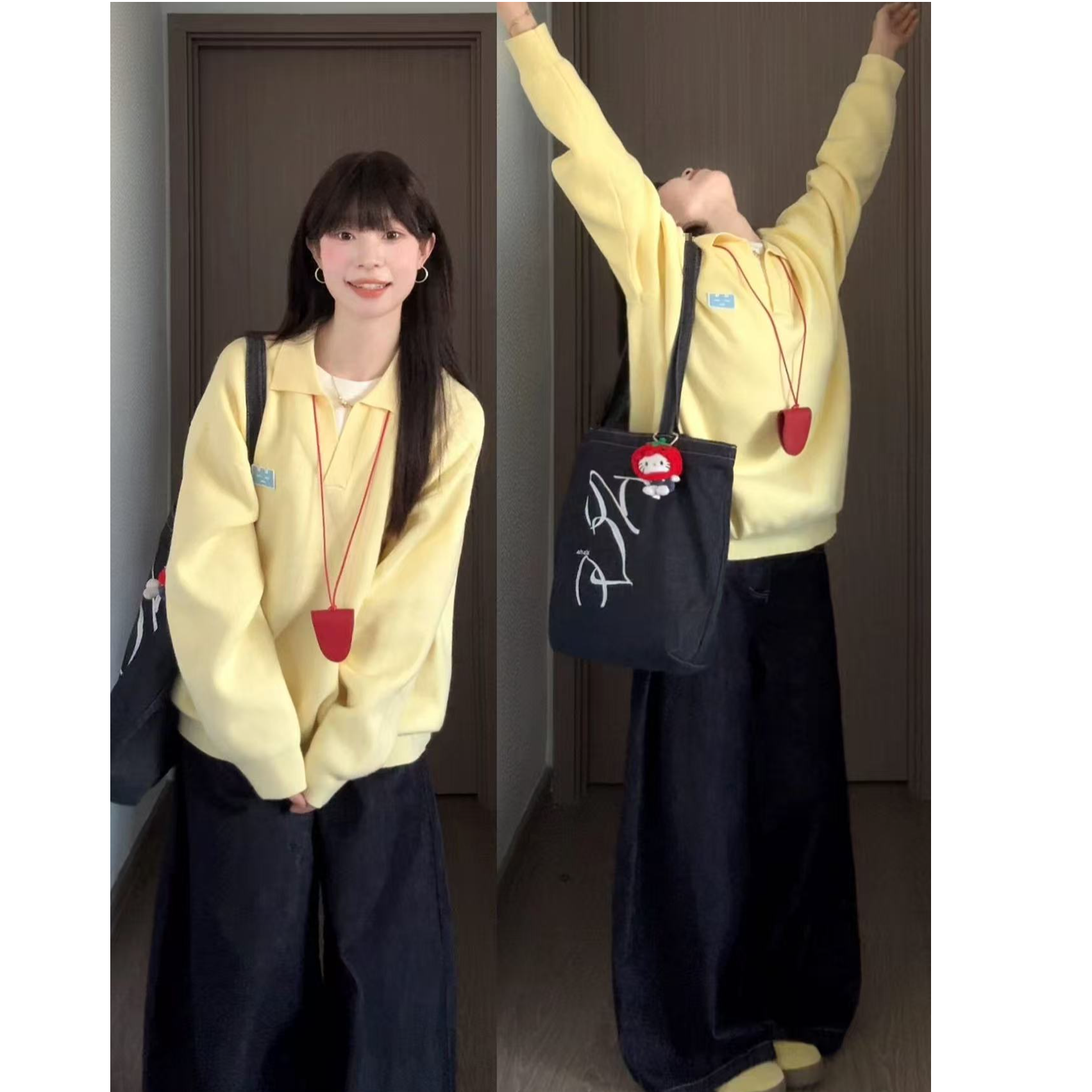 宽松套头外穿软糯毛衣女秋冬季慵懒高级感2025新款黄色polo领上衣