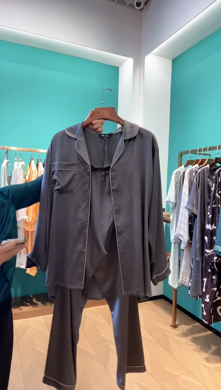 桑蚕丝长袖睡衣套装JMW181601-2深灰色（L码）