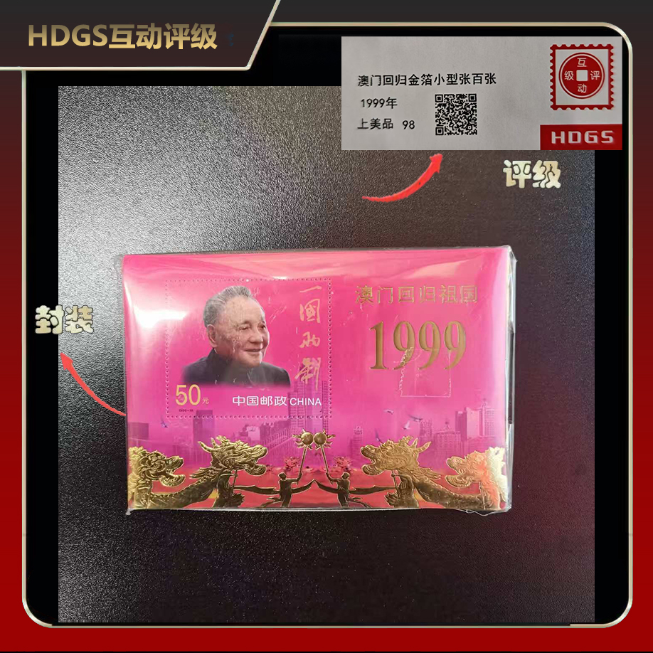 1999年澳门回归金箔小型张邮票（百连）【HDGS】上美品98