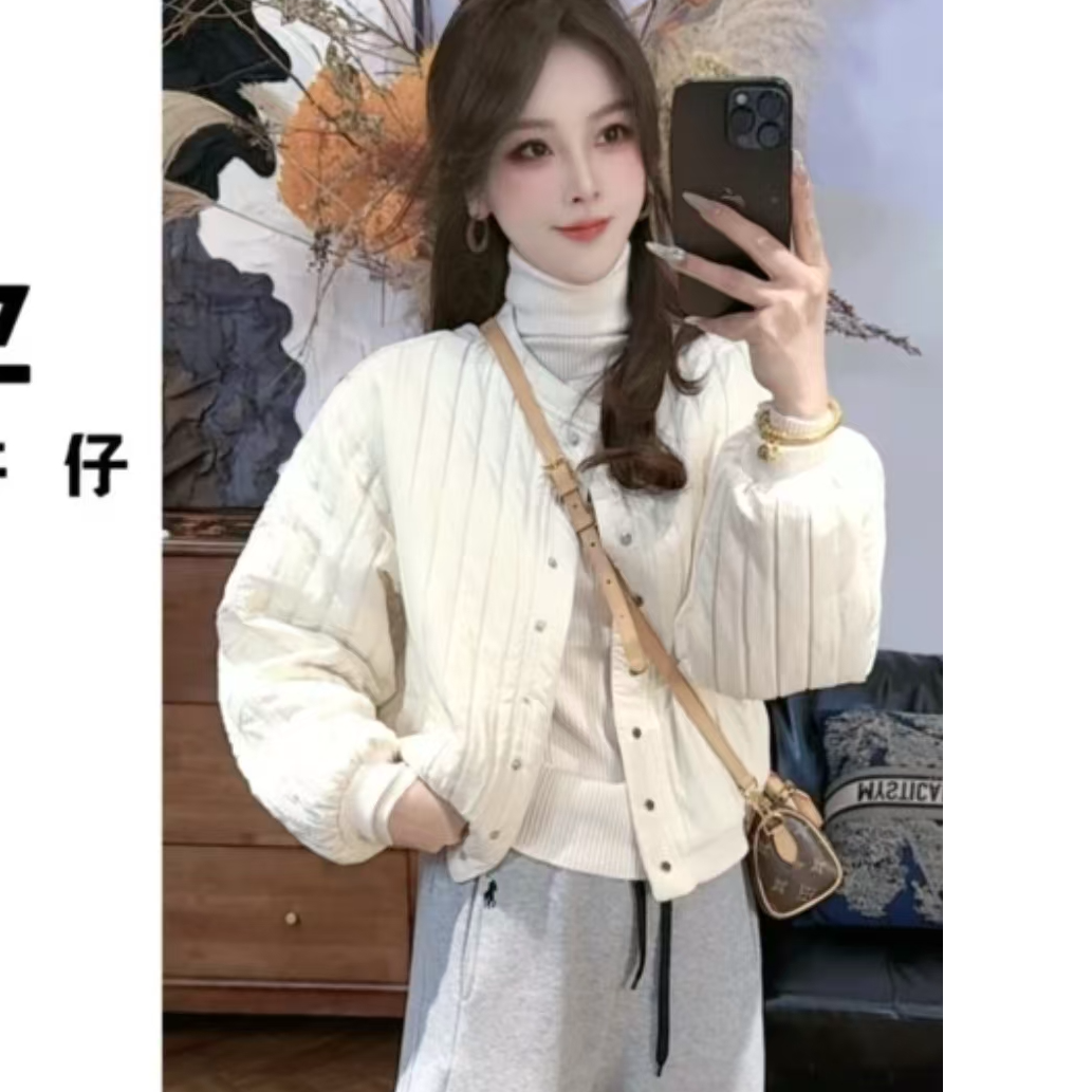 9901#圆领秋冬时尚百搭圆领按扣石墨烯加厚棉服外套（约53）