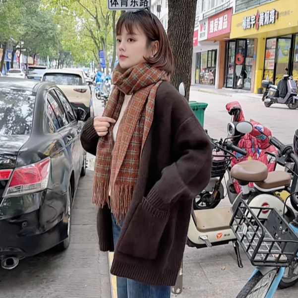 冬季厚款大版纯色中长款双口袋开衫外套