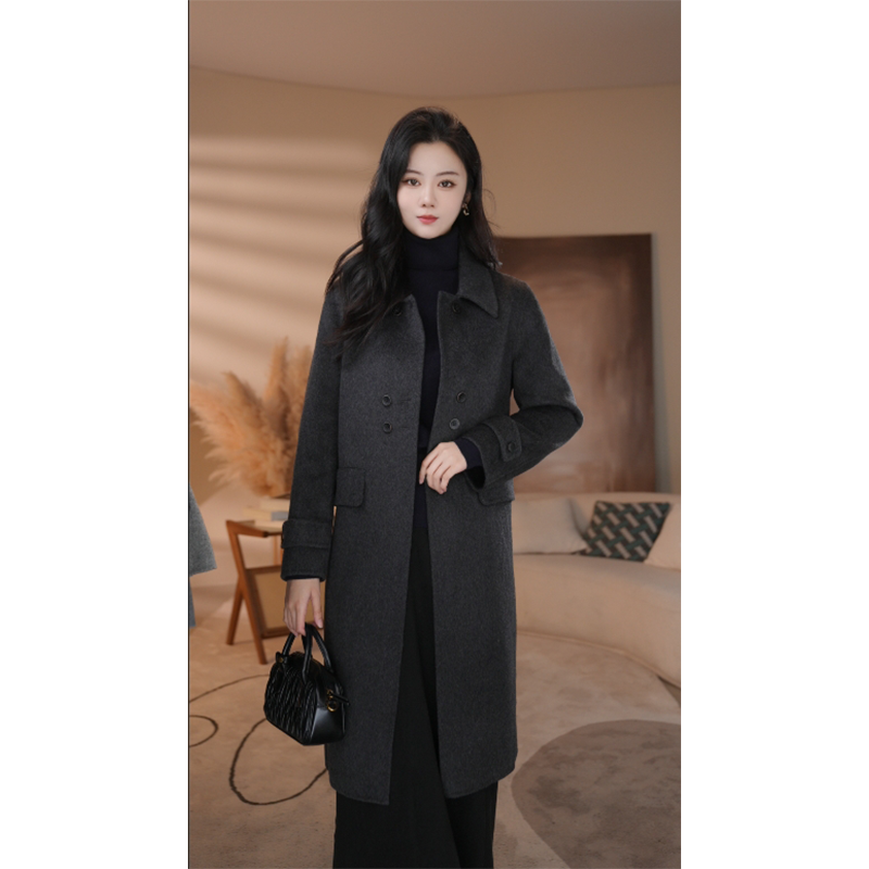 【柚子甄选】曼贝秋冬新款高端百搭双面羊绒大衣8584052深灰色外套