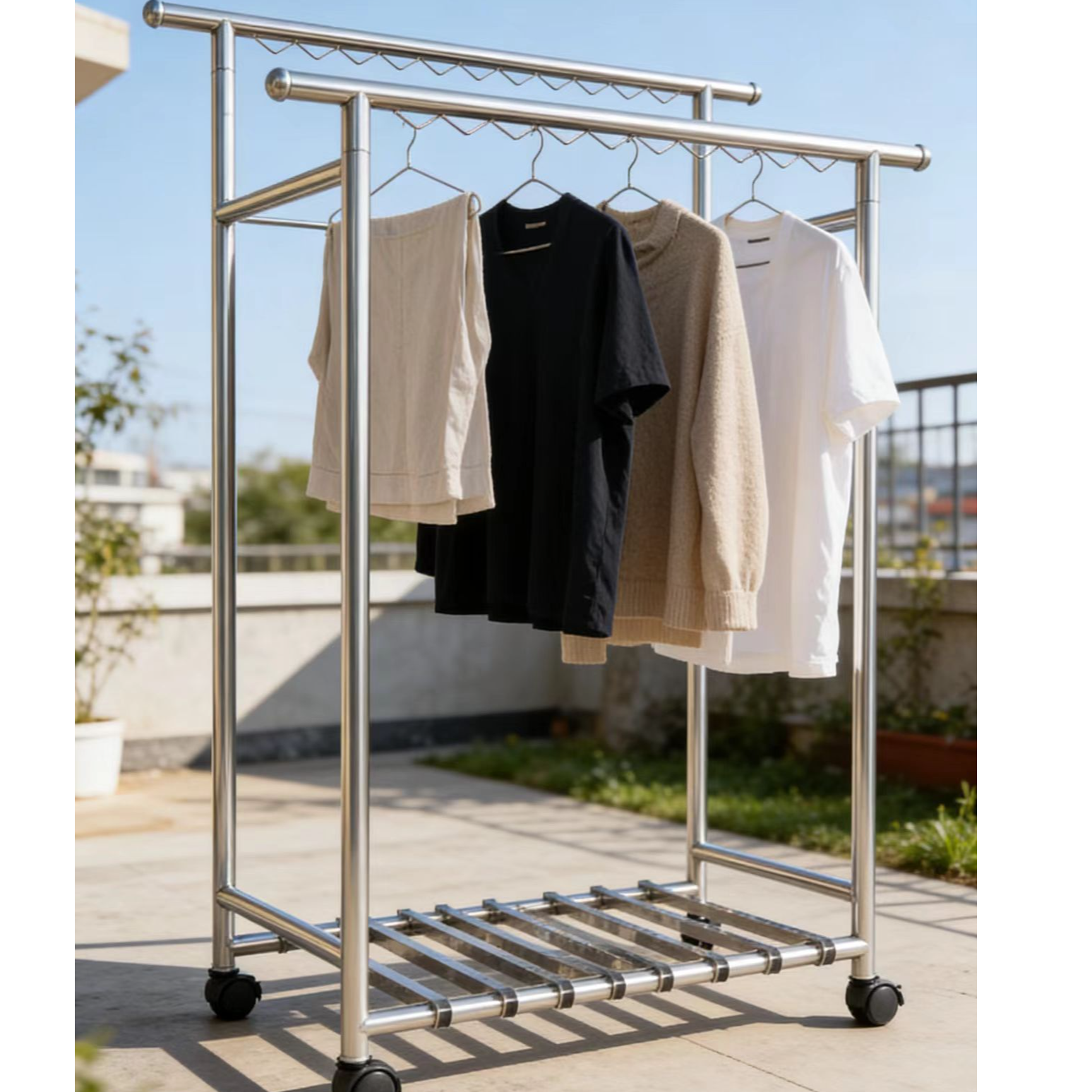 【不锈钢双杆晾衣架】落地家用户外衣帽架阳台简易挂衣架立式衣架子