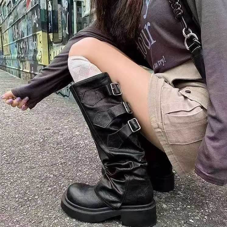 801-61复古中筒马丁靴女英伦风2024款褶皱堆堆厚底短靴长靴骑士