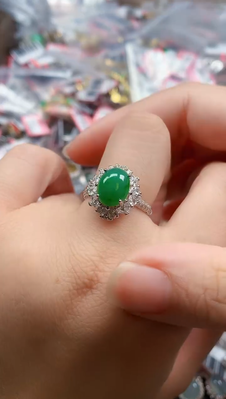 银S925镶嵌戒指翡翠天然A货缅甸翡翠