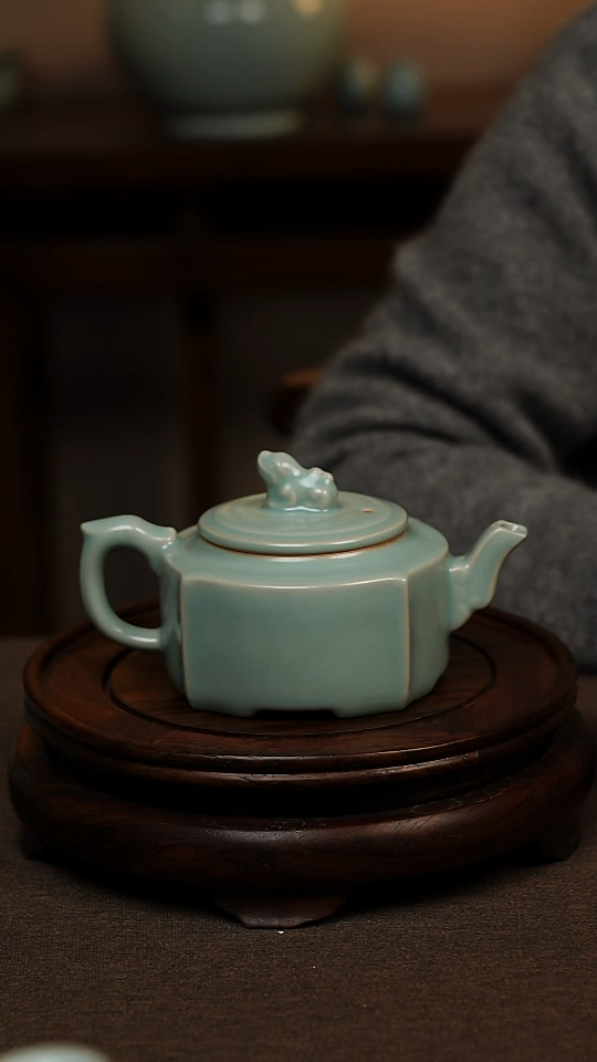 瓷片仿古天青全手工四方壶200ml 微瑕 不带礼盒