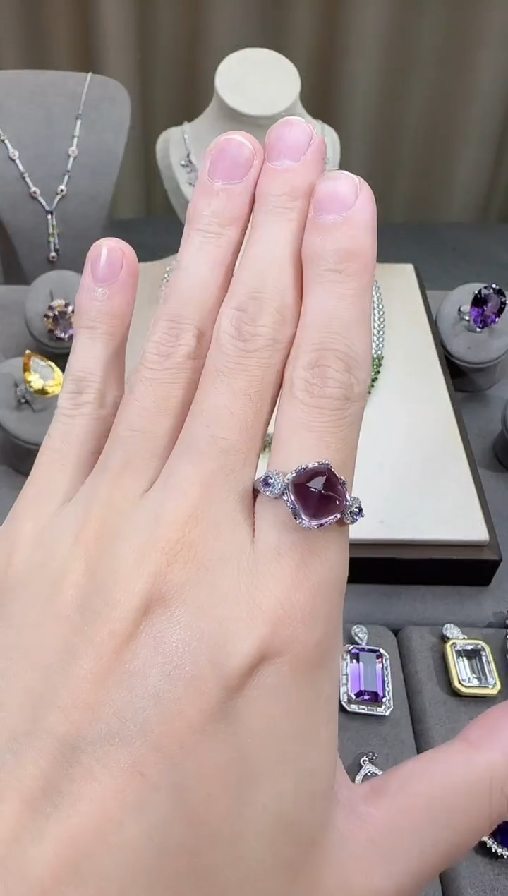 银S925镶嵌戒指紫晶11mm戒指糖塔设计款