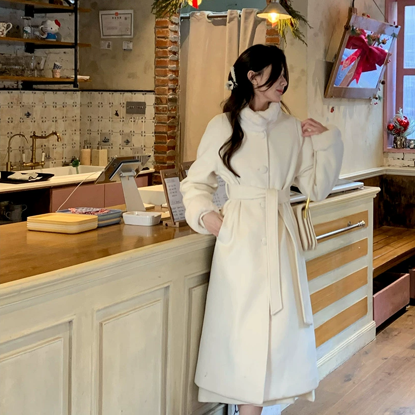 佐佐家小个子 气质长款毛呢外套女冬季毛毛立领系带收腰呢子大衣