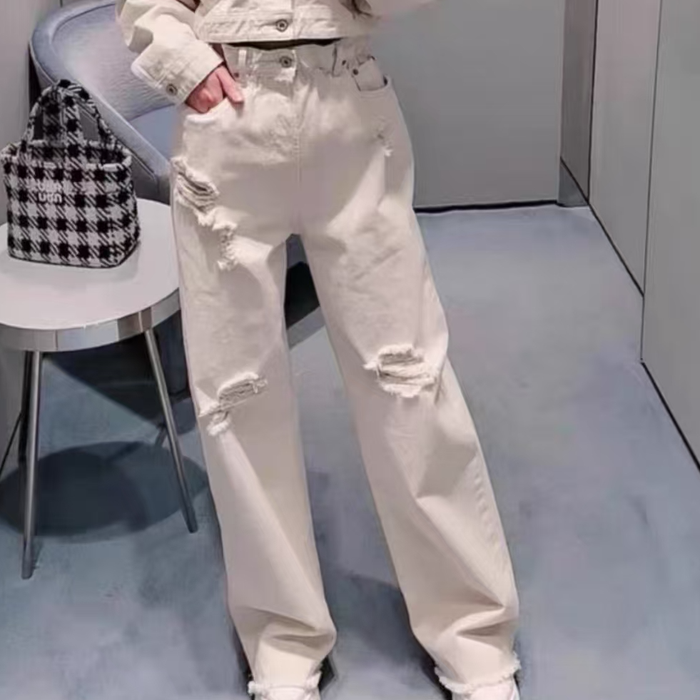 未使用 MIU MIU/缪缪 Miu Miu  破坏力牛仔长裤 白色25S