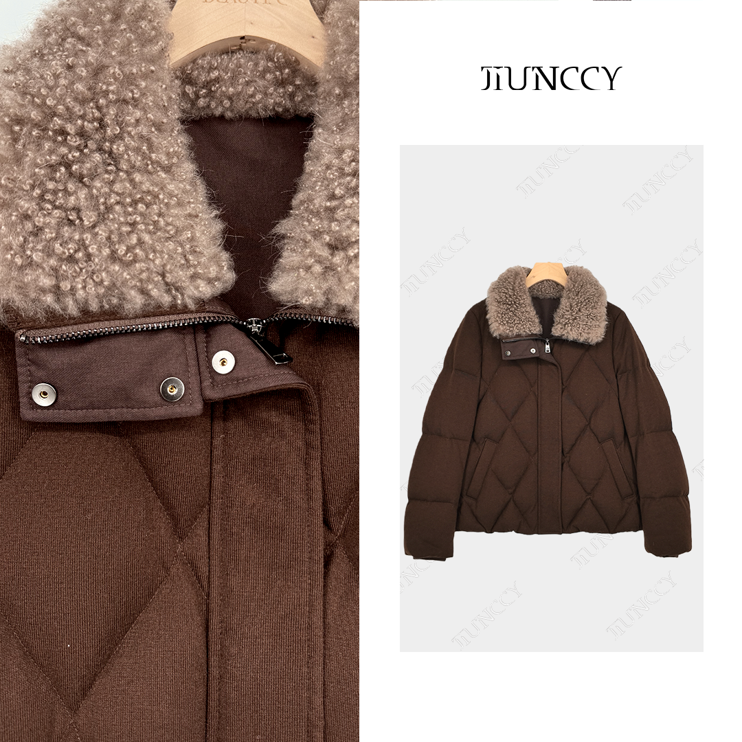 JIUNCCY【绒花】羊毛混纺山羊绒皮毛一体立翻领菱格羽绒服52YYRF007