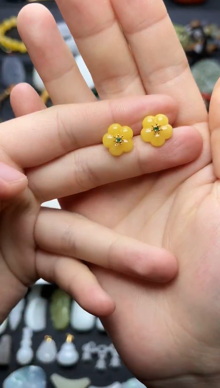 蜜蜡银S925镶嵌耳饰花花耳钉06