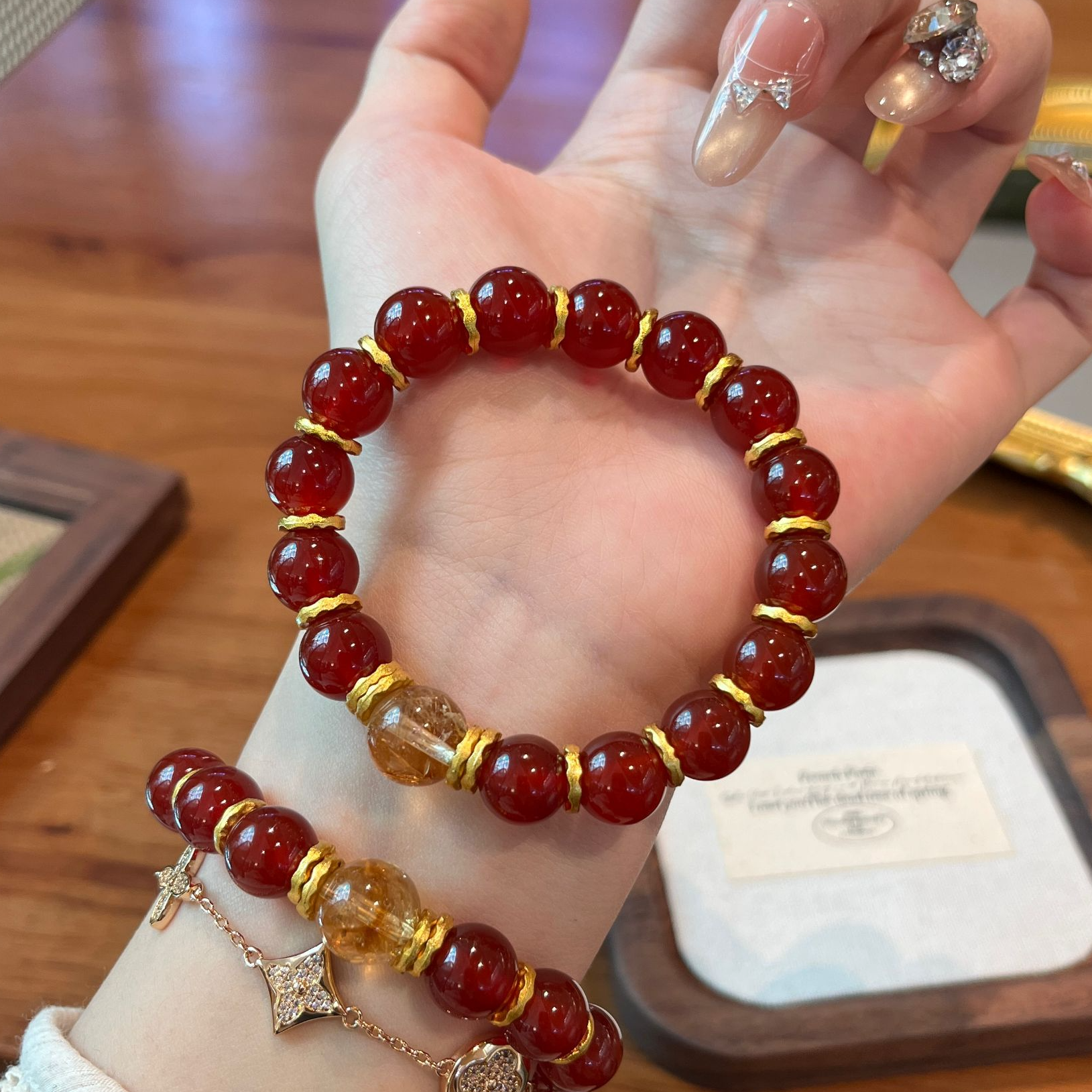 【‌红颜】10mm红玛瑙+11mm黄水晶 水晶手串显白气质中国红手饰 A372