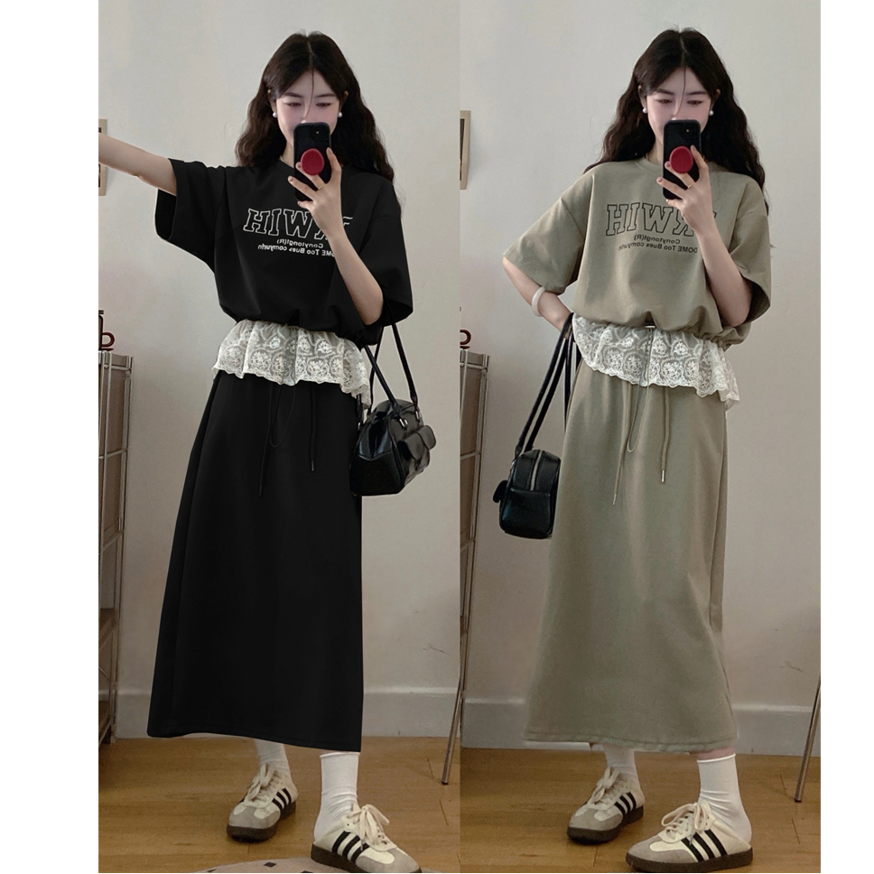 大码夏季新款胖MM时尚两件套拼接蕾丝字母短袖上衣+半身裙