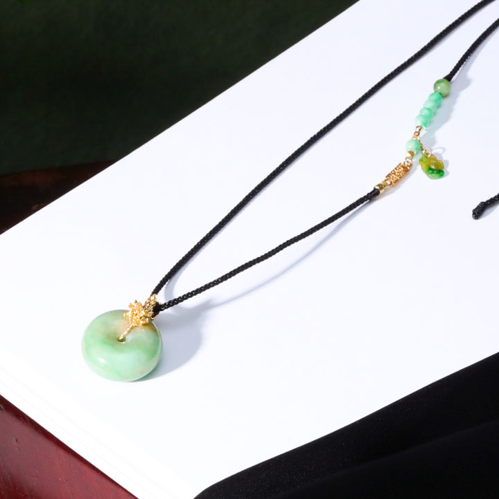 【意婵】《繁花翠》套装18K金精工稀缺黄加绿缅A翡翠平安扣-915199