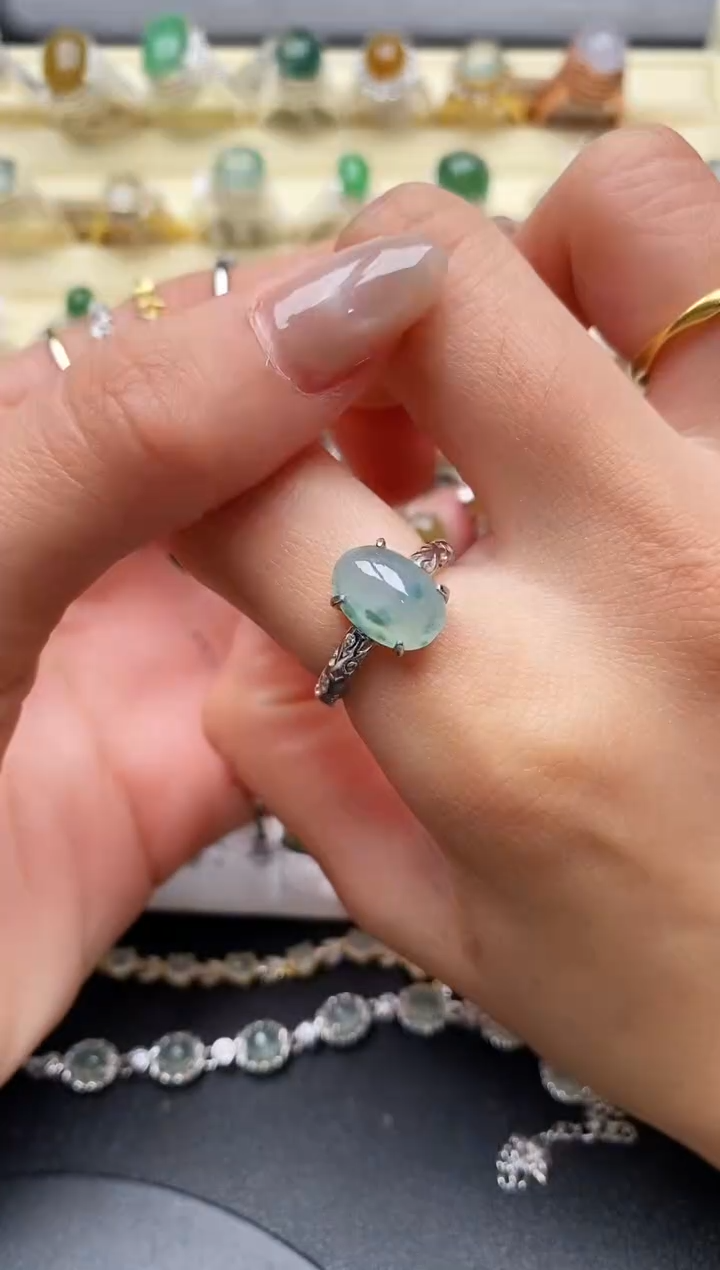 【闪购商品】翡翠戒指银S925镶嵌缅甸天然A货翡翠44  4-