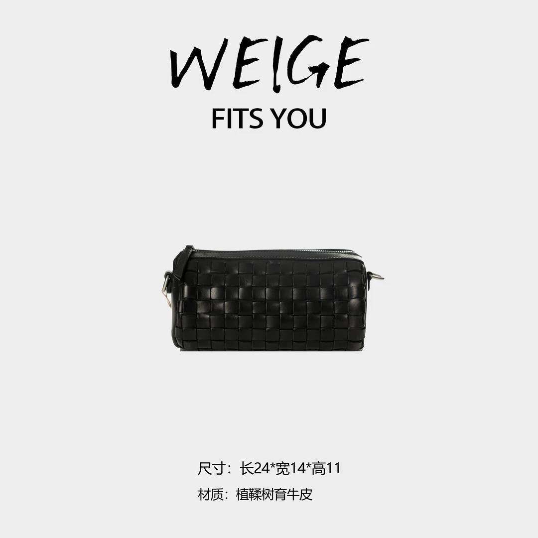 WEIGE【圆筒包】植鞣树膏牛皮单肩斜挎包BV608065-黑色