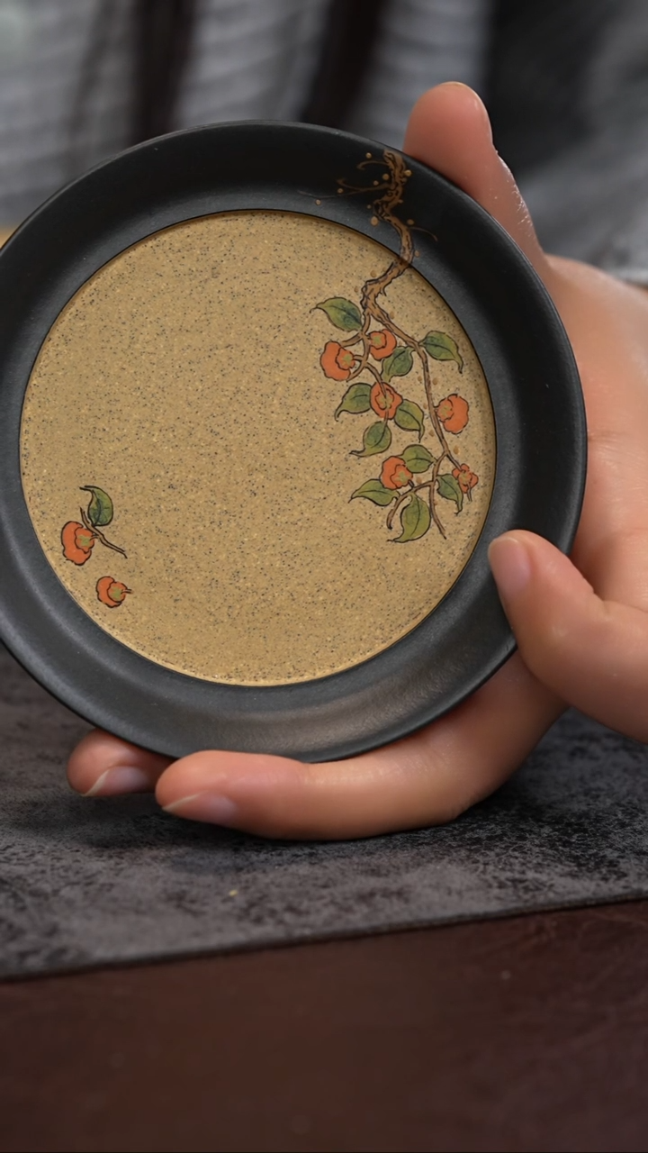 【闪购商品】紫砂茶杯双色粉浆 柿柿如意 杯垫