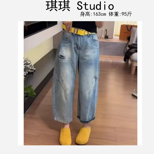 《琪琪家》春季新款气质时尚破洞压褶韩版显瘦百搭牛仔裤89818-U