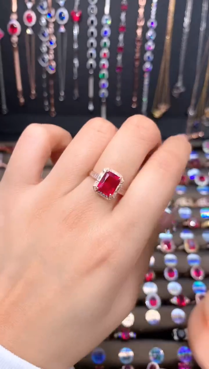 红宝石戒指银S925镶嵌玫瑰金