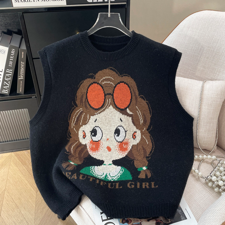 卡通女孩提花针织马甲女春秋季新款外搭宽松无袖毛衣背心坎肩马夹