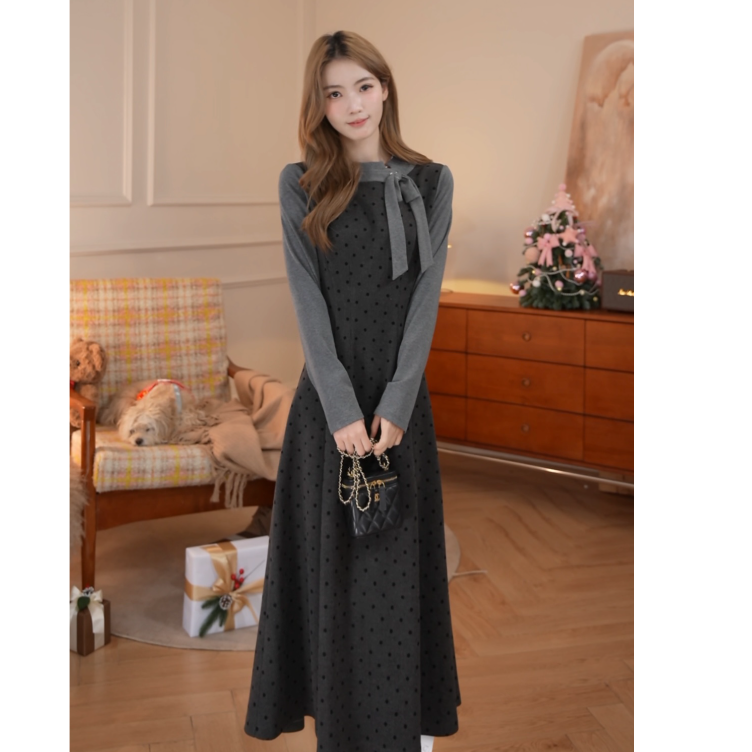 鹿向南「花束圆舞曲」miu系温柔气质高级秋冬假两件设计连衣裙收腰