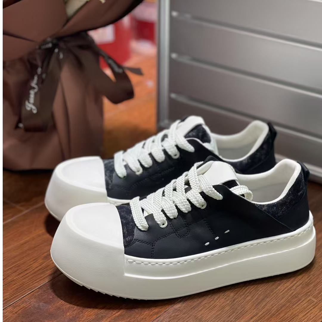 素潮小白鞋厚底牛皮拼帆布透气春夏季超轻便原创高级感男士板鞋