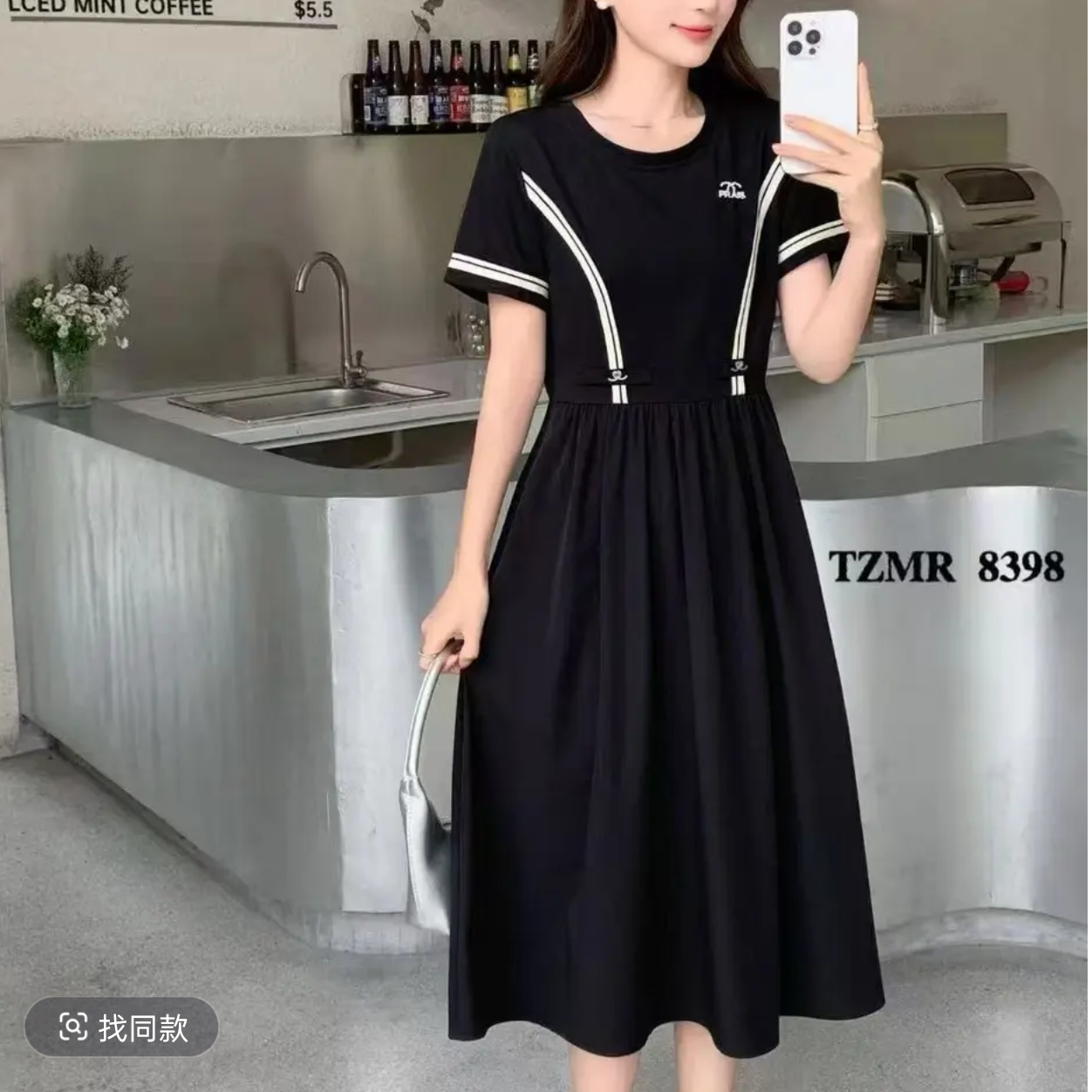 D515(无配饰)夏季新款圆领简约显瘦高腰短袖中长款连衣裙遮肚