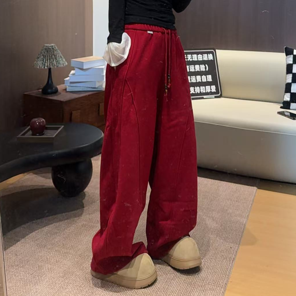 【文乐乐】冬季新款韩版高级洋气时尚休闲潮流百搭加绒毛呢裤16072