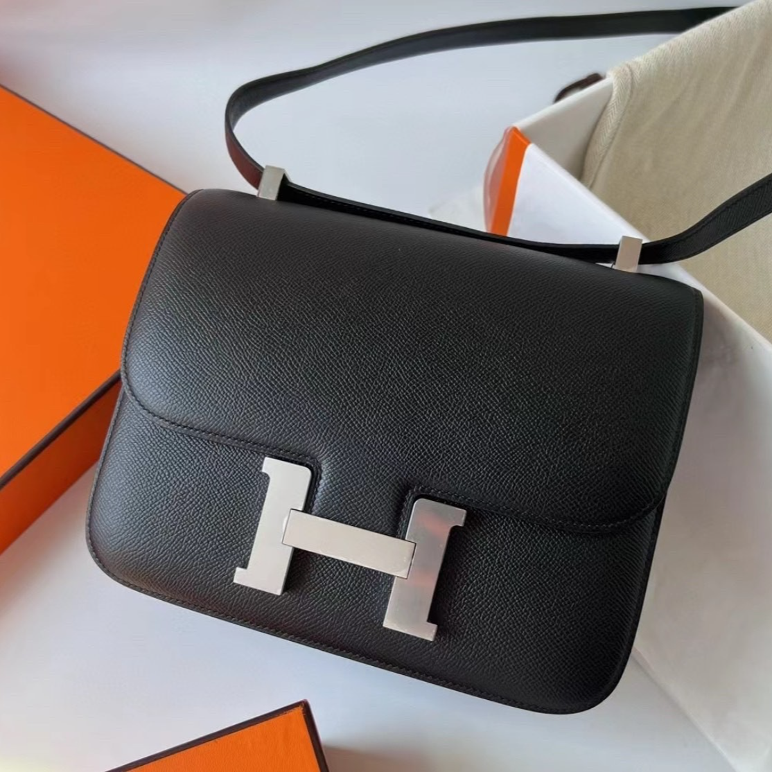 99新 Hermes/爱马仕 小花6花 康康 24 黑色 Ep皮 D刻 银扣包