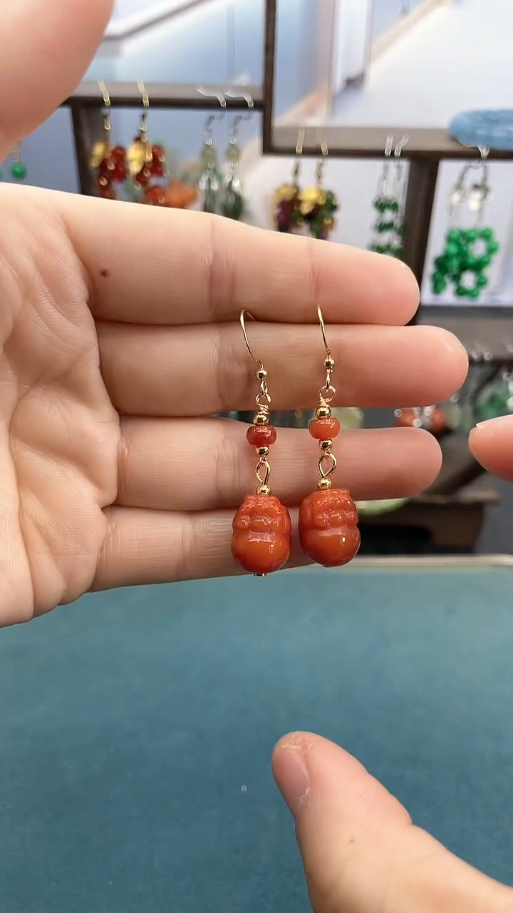 14K金镶嵌南红玛瑙耳饰红貔貅耳钩