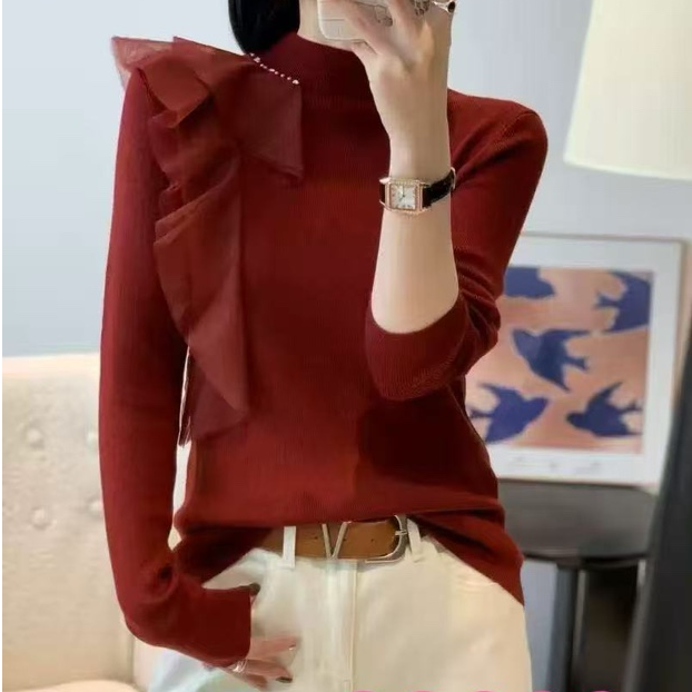 68632#显瘦蕾丝极简风百搭宽松型女针织衫打底衫纯色秋冬打底