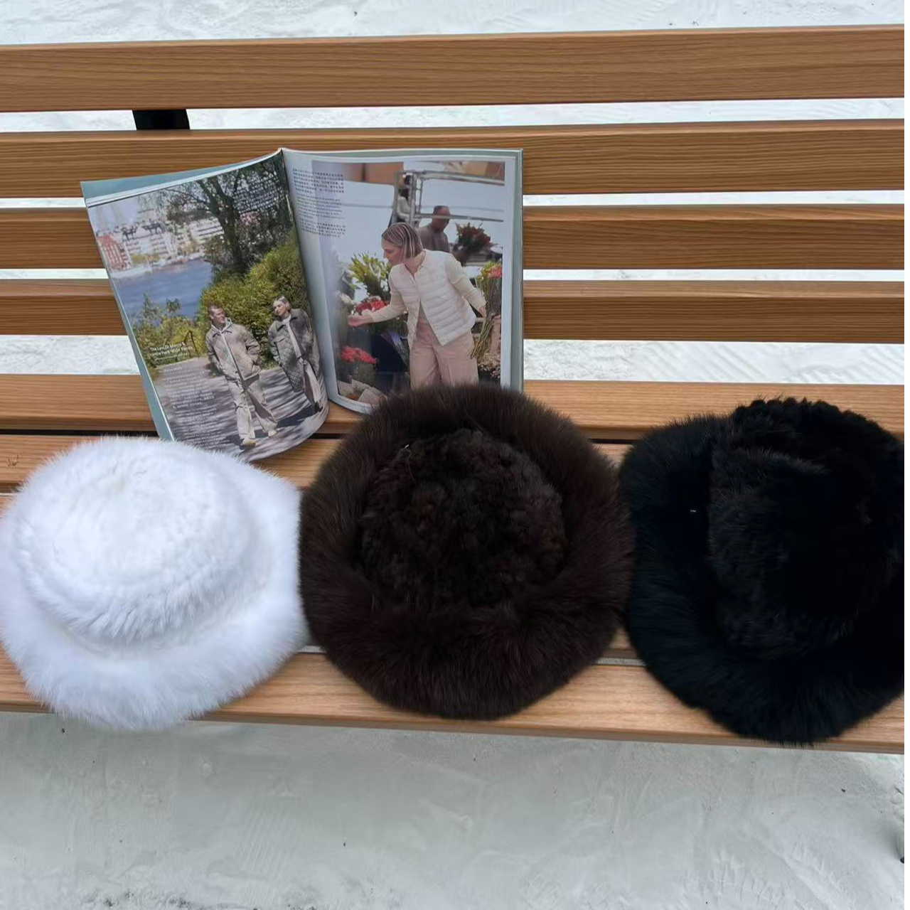 DIYI【三色狐狸毛帽子】黑白咖灰四色圆帽子MZ14307