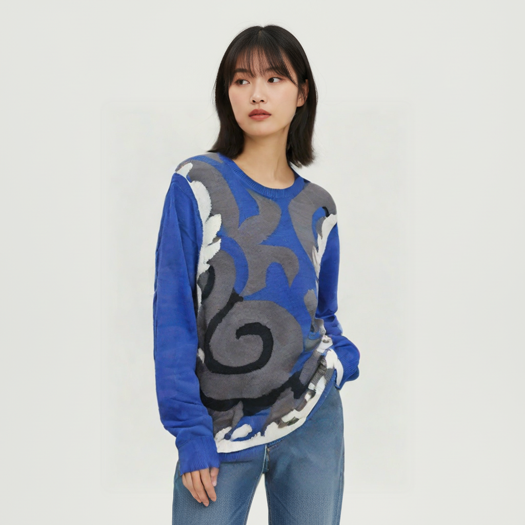 95新 VERSACE/范思哲 范思哲拼色印花蓝色针织长袖时尚/bb347潮流